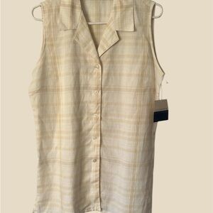 Liz Claiborne Cream Plaid Linen Blend Sleeveless Summer Button Top